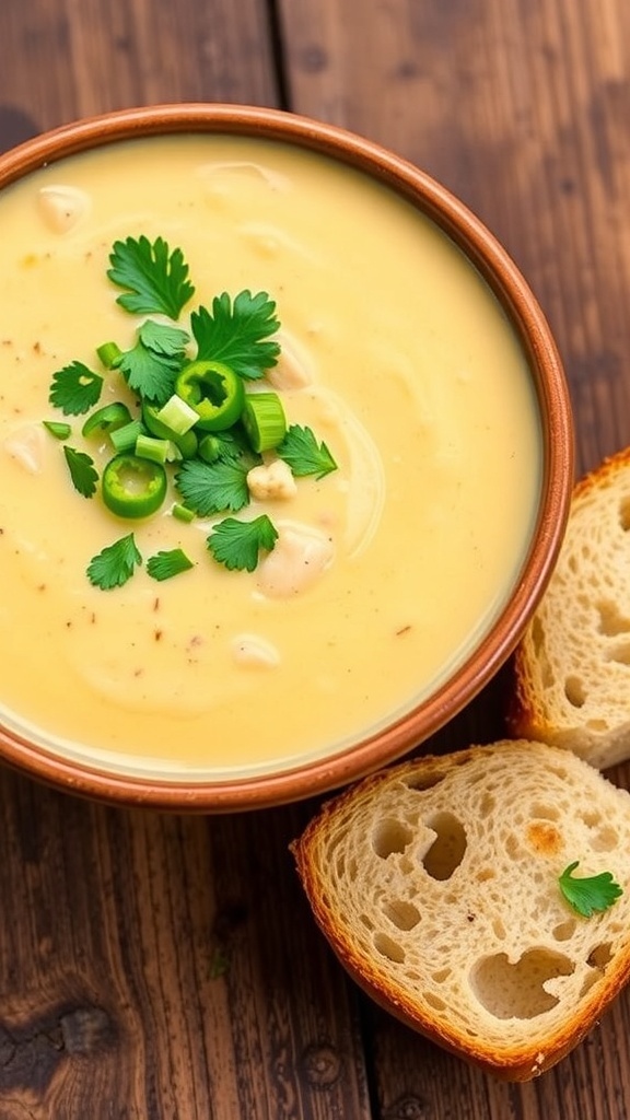 Spicy Cauliflower Jalapeño Soup Recipe A bowl of creamy cauliflower jalapeño soup garnished with cilantro and green onions, served with crusty bread.